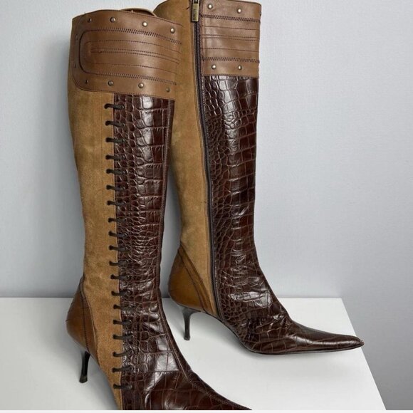 Vintage Avant Garde Just Cavalli Leather Knee High Boots Brown Croc Pointed Toe - Picture 5 of 7